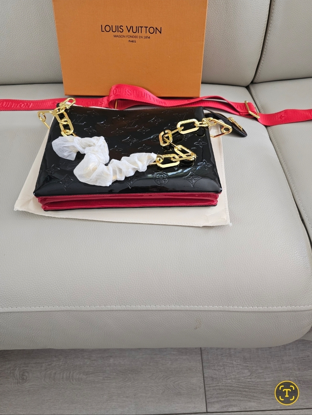 Patent Coussin PM Size in Deep Red and Black. Comes With Box and Dust Bag.